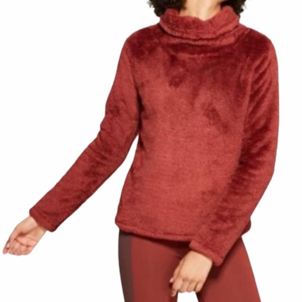 Joy Lab Teddy Fleece Cowl‎ Neck Pullover Sweater Top Thumb Holes Red Medium